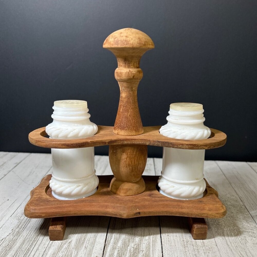Vintage Milk Glass Salt and Pepper Shakers Rope Design with Wooden Stand